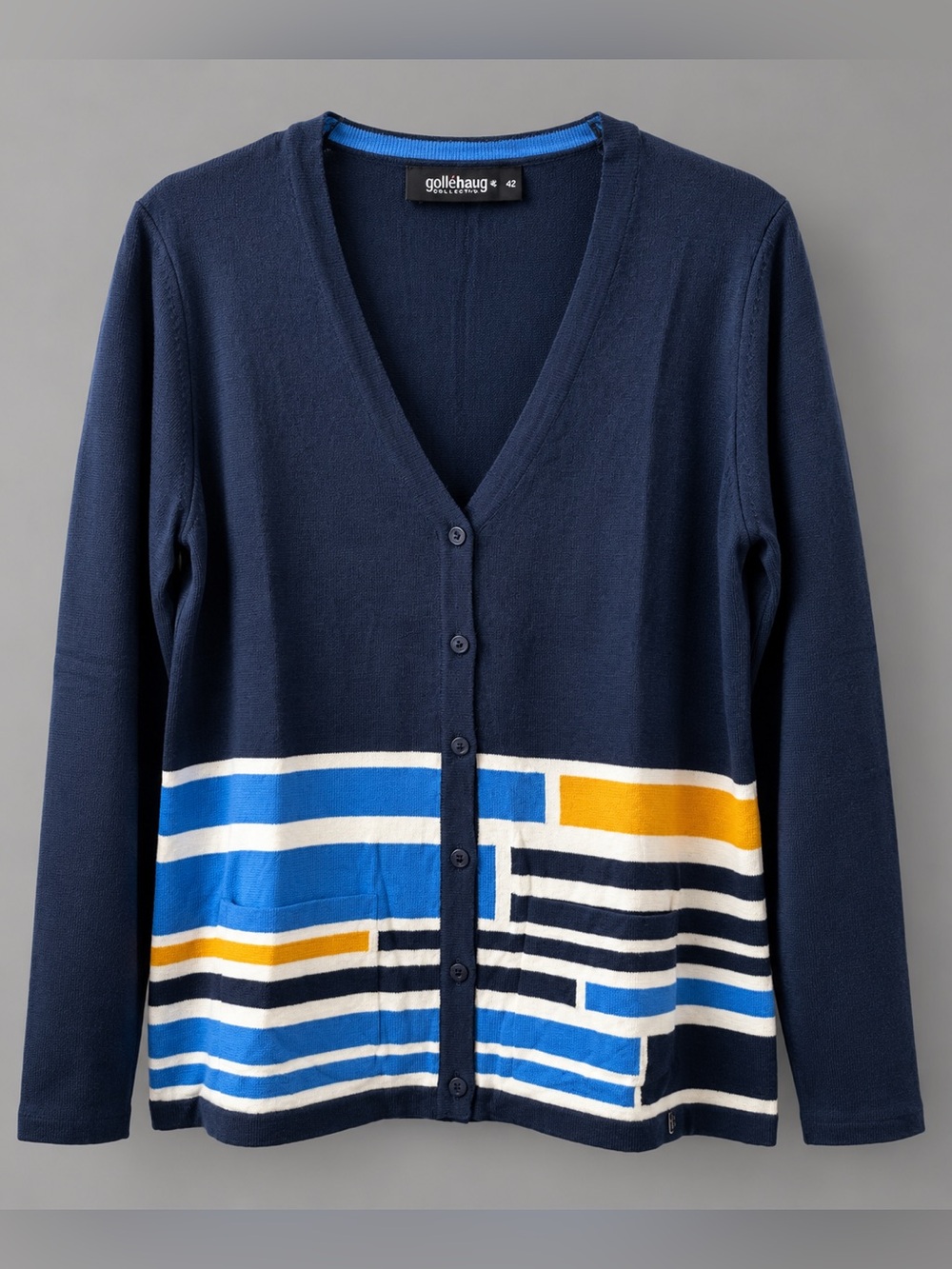 Gollehaug Cardigan US 12 L Navy Blue Colorblock Striped NWT European